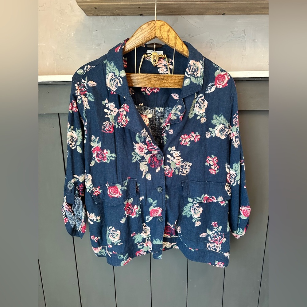 Maurices Navy and Pink Linen Blend Floral Jacket size XXL